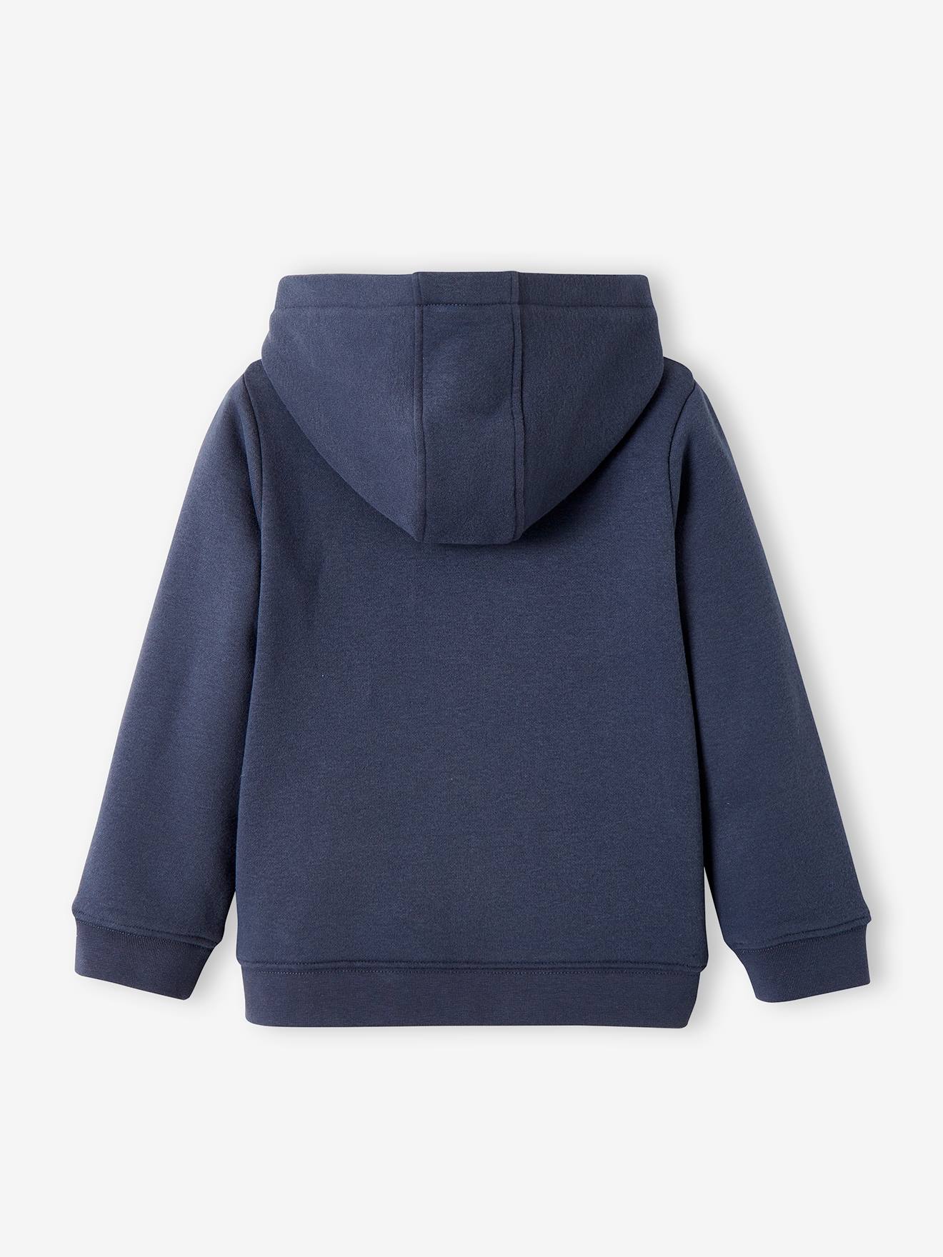 Moletom infantil feminino azul médio liso com zíper, capuz esportivo e detalhes decorativos.