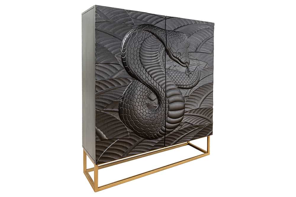 Massives Highboard SNAKE 120cm schwarz gold Mangoholz Schlangen-Design mit aufwendigen 3D Schnitzereien