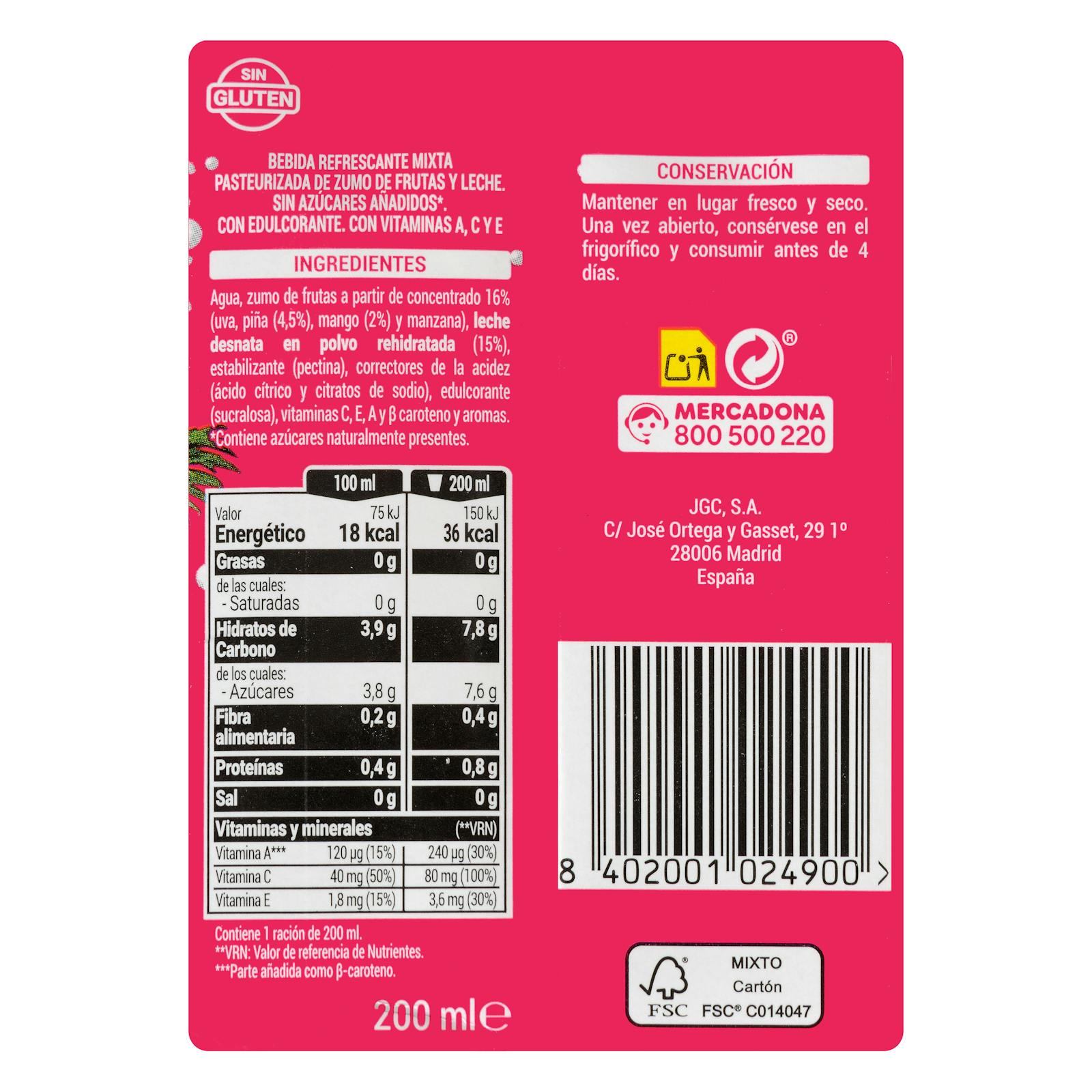 Hacendado Fruits tropicaux + Lait sans sucre ajouté