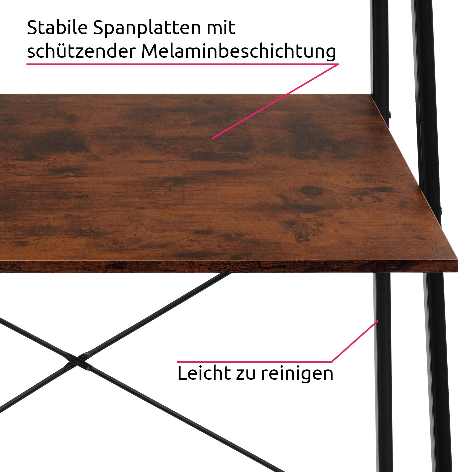 tectake® Schreibtisch, Industrial Style, trapezförmiges Gestell, 3 Staufächer, 85,5 x 46,5 x 140 cm