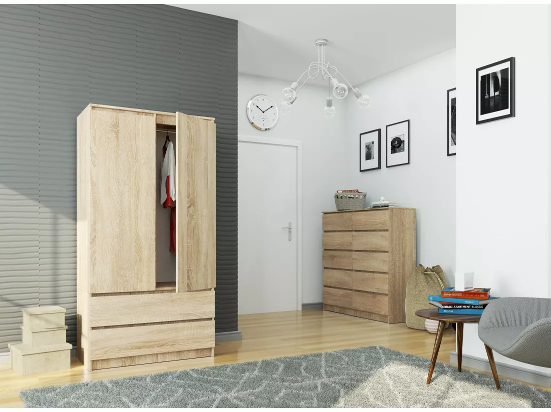 Armoire AKORD S90 Chêne Sonoma 90 cm 2 portes 2 tiroirs façade Chêne Sonoma 4 étagères 90x51x180 cm