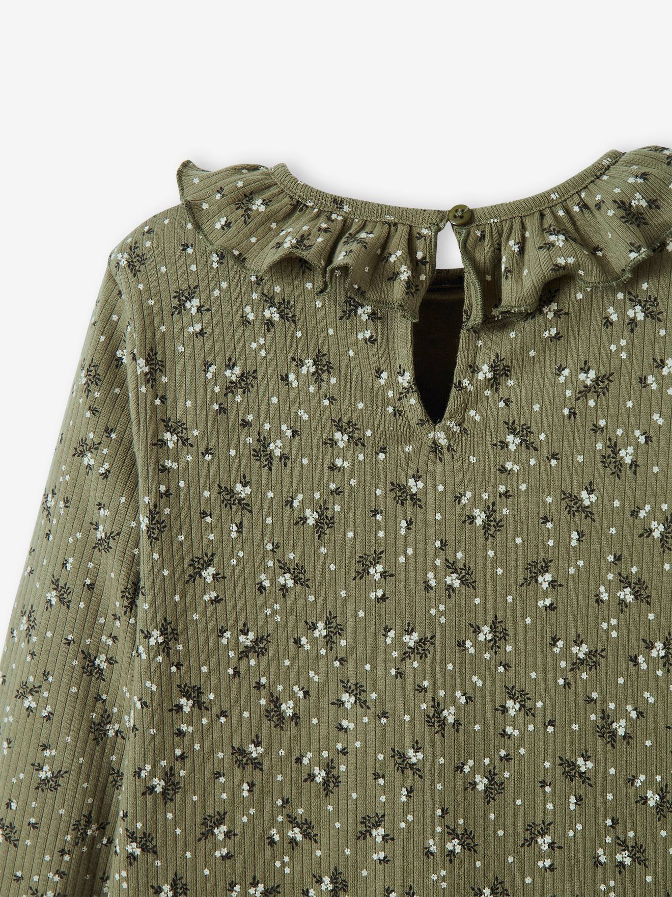 Camiseta floral canelada para meninas, estampa amarela escura
