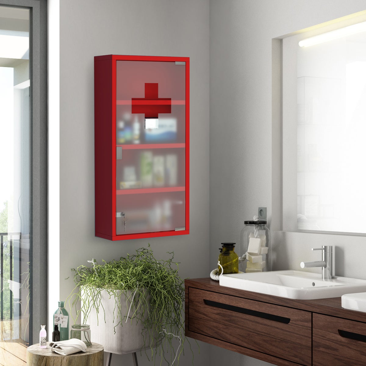 HOMCOM Medicijnkast, Apothekerskast met 3 Planken, EHBO-kast met Slot, Apothekerskast met Matglazen Deur, Staal, Rood, 27 x 57 x 12 cm