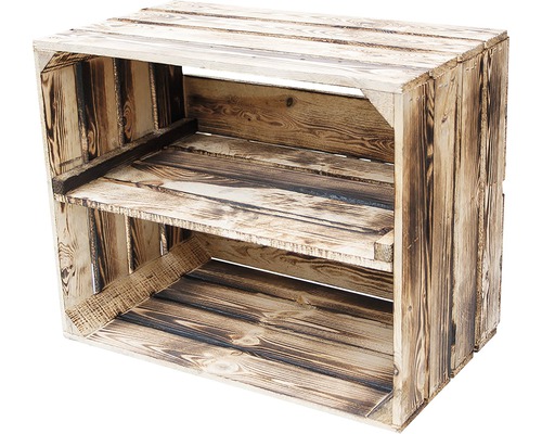 Vintage fruitkist met plank, gevlamde afwerking, 50x40x30 cm