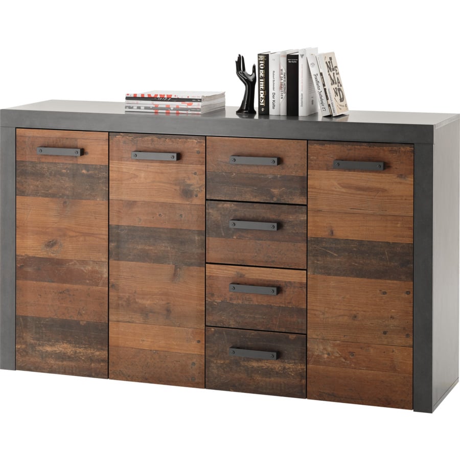 Schwebetürenschrank Minden Dekor weiss Raw Steel 270 x 210 x 65 cm, mit Spiegel