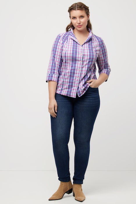 Bluse, Karo, Slim, Kelchkragen, V-Ausschnitt, 3/4-Arm