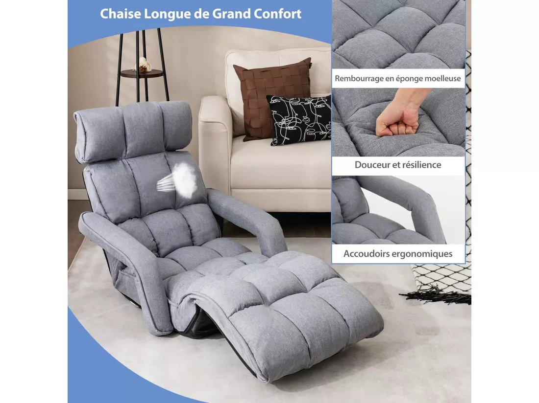 Fauteuil Convertible 1 Place Adulte avec Appui-tête Dossier Réglable 6 Positions 16°-107°, Chauffeuse Convertible avec Repose-Pieds à 8 Réglages, 196 x 72 x 19,5 cm