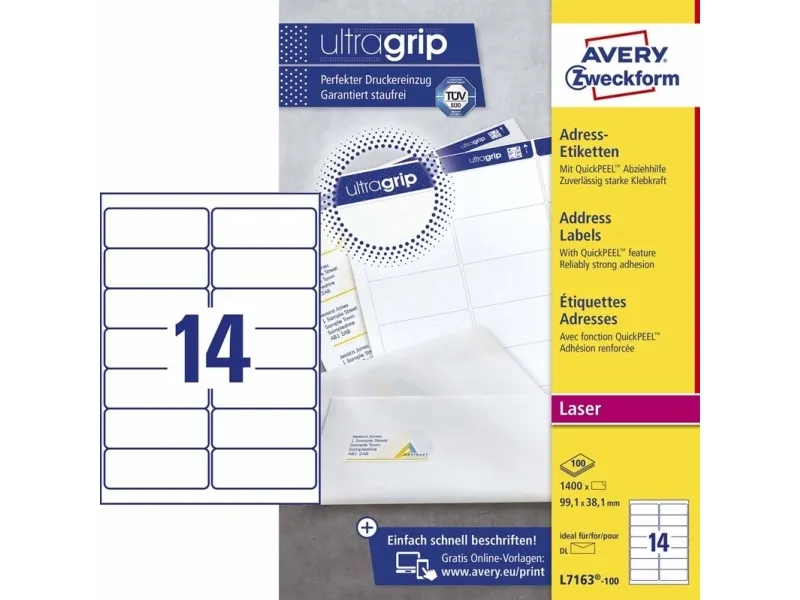 Adresseetiket Avery 99,1x38,1 mm hvid - (100 ark x 14 stk.)