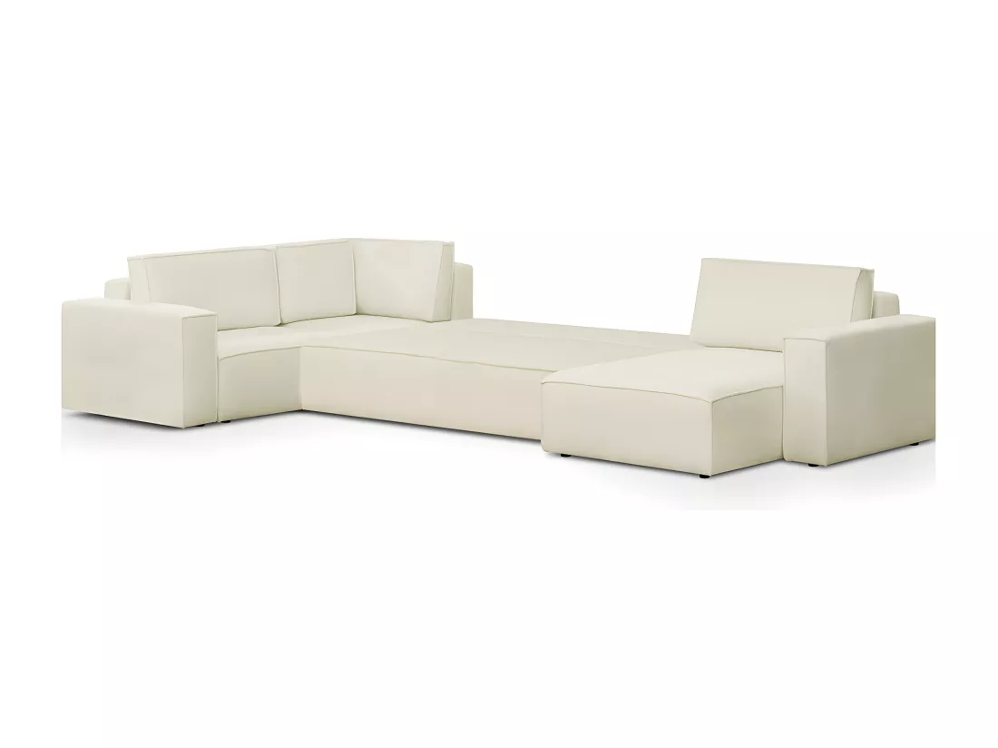 Canapé d'angle à gauche panoramique convertible modulable 8 places en tissu bouclé écru - Harper Mod