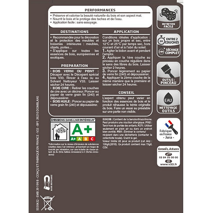 Huile et protection meubles et boiseries V33 teck mat 0,5L