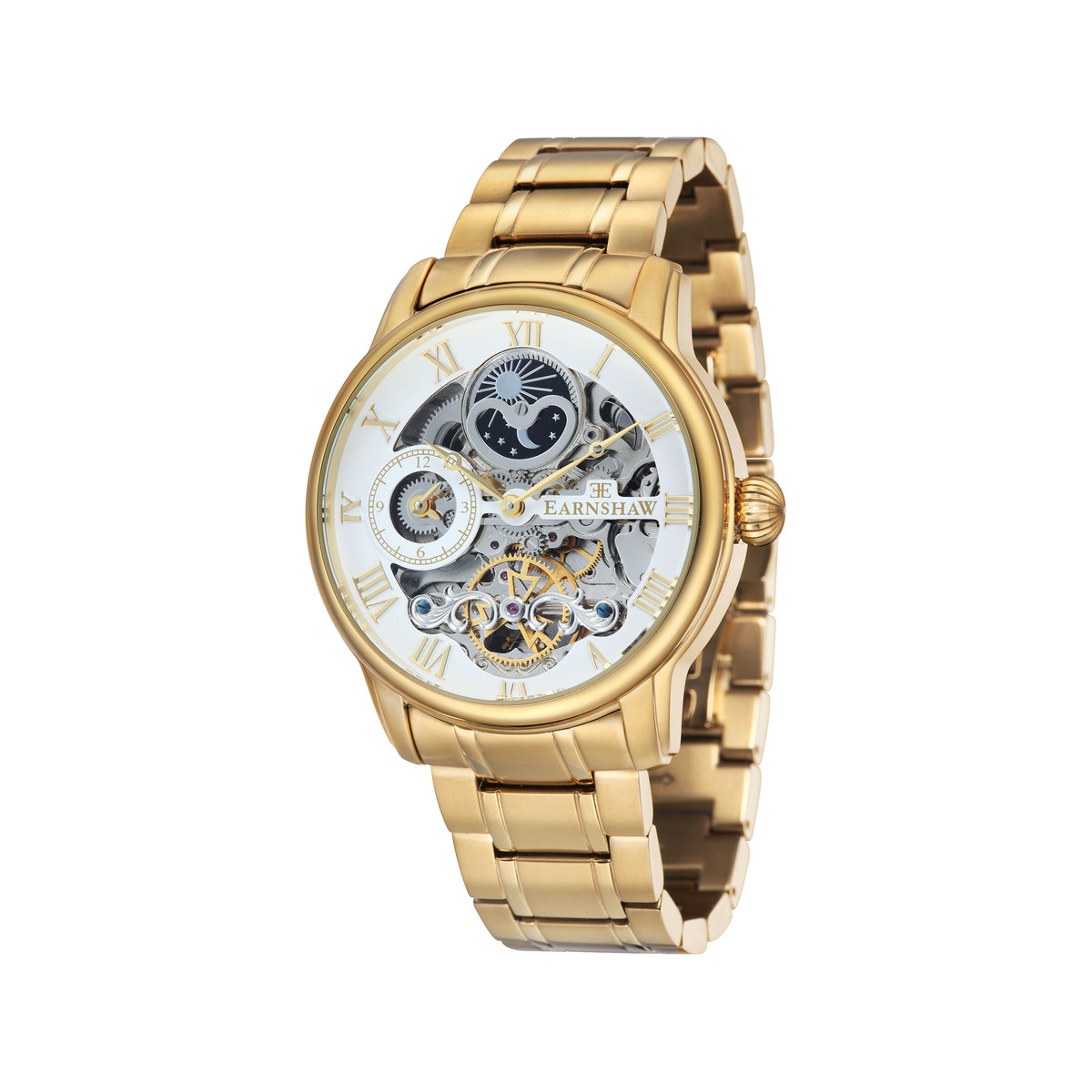 Montre EARNSHAW Longitude homme automatique acier noir bracelet cuir marron
