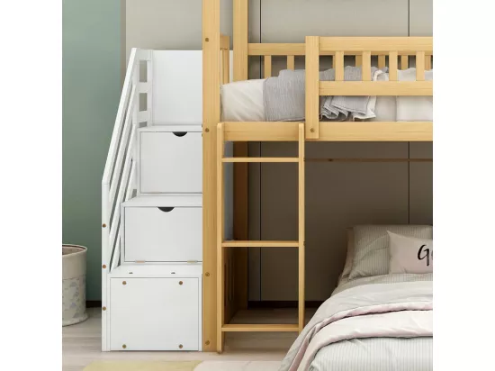 Lit superposé cabane enfant 2x90x200cm - avec escalier de rangement et escalier angulaire - toboggan - lit inférieur amovible - Blanc
