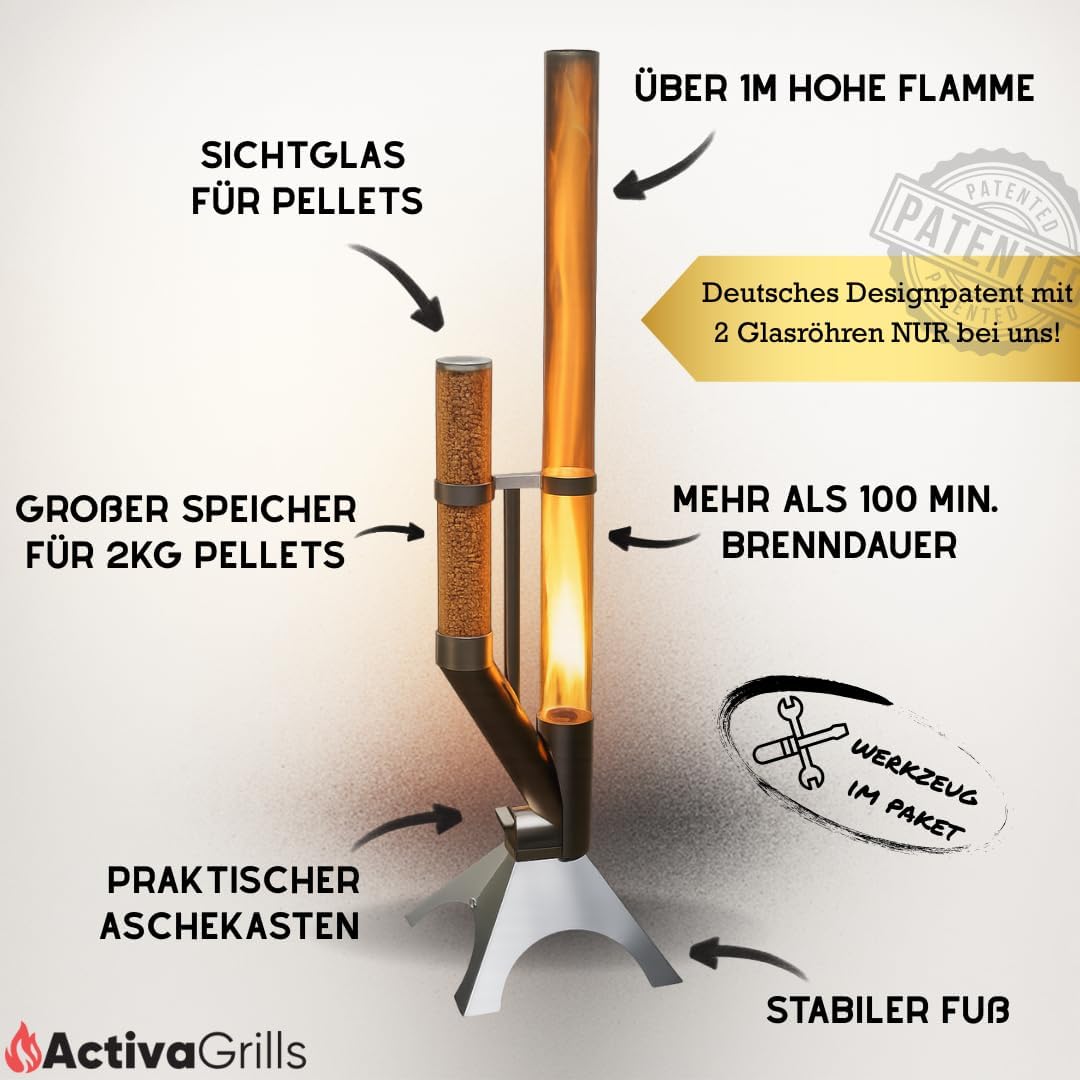 Feuerrohr - Dekorative Feuersäule Outdoor inkl. Reinigungsbürste und Abdeckhaube | Nachhaltige Feuerrohr Pelletfackel für stimmungsvolle Gartenmomente und tolles Ambiente