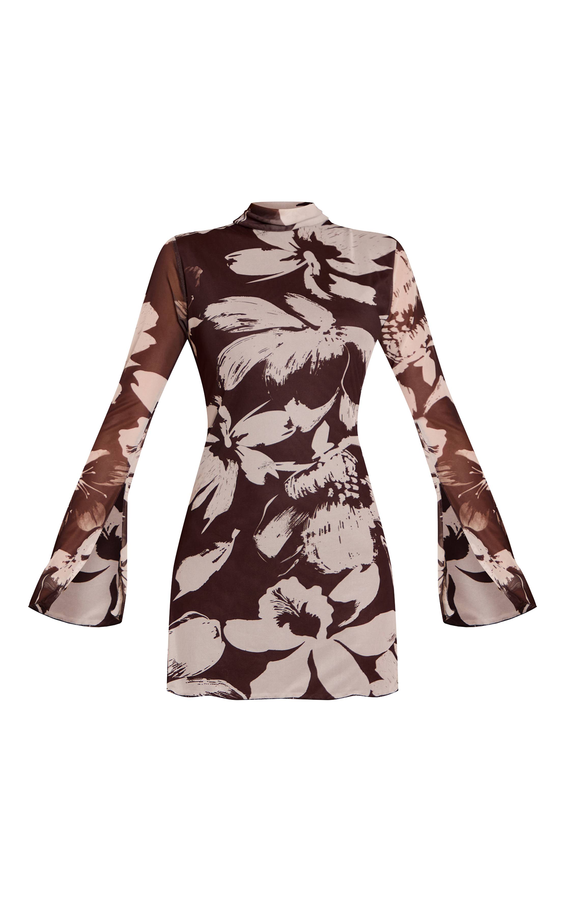 Marron Robe Droite À Col Montant Et Manches Évasées À Imprimé Floral Abstrait