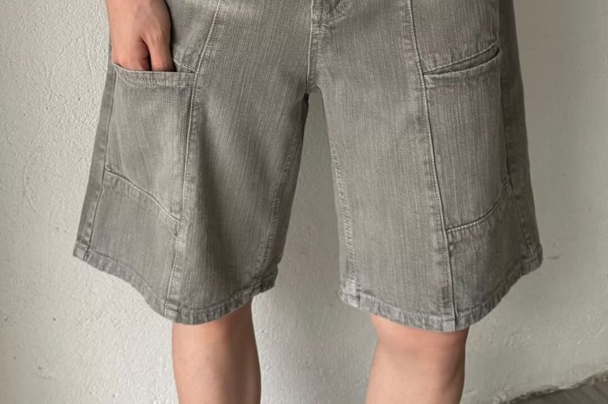 Double White - Mid Rise Washed Panel Denim Shorts