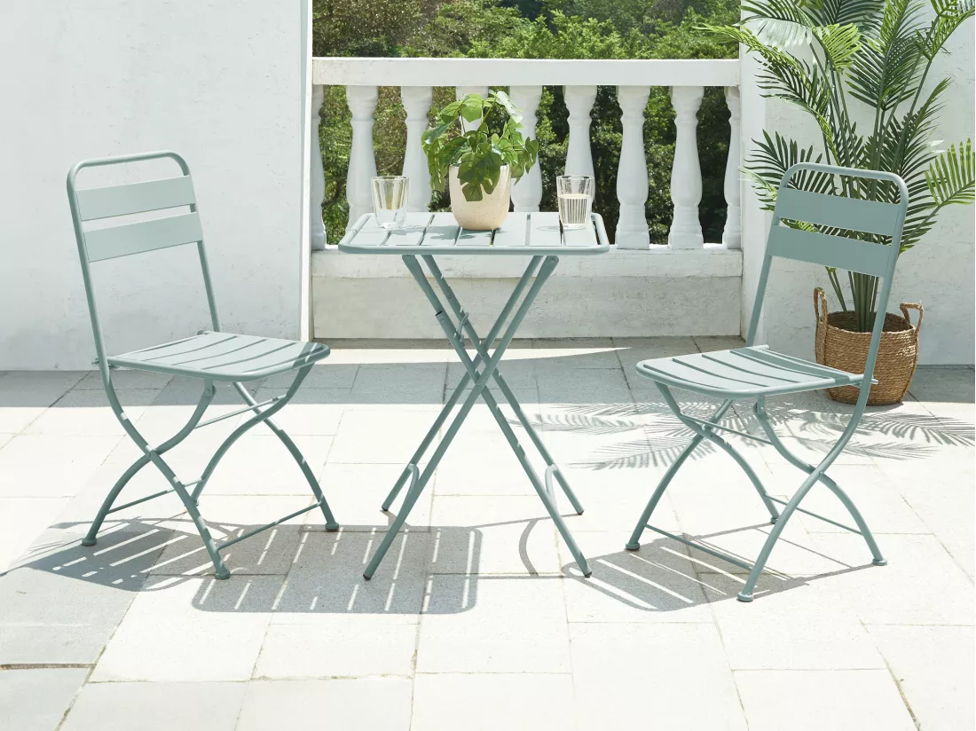 Salle à manger de jardin pliante en métal - une table L.60 cm et 2 chaises pliantes - Vert amande - MIRMANDE de MYLIA