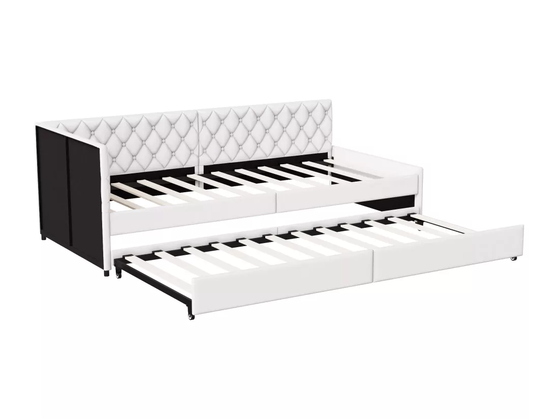 Lit gigogne 90x200cm - Canapé-lit rembourré, tissu en lin, avec sommier à lattes, sans matelas - Beige
