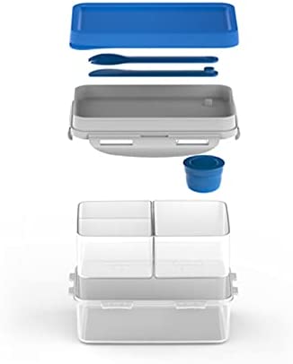 Lunchbox 3 in1 Brotdose 3 Fächern mit Messer Gabel Löffel blau