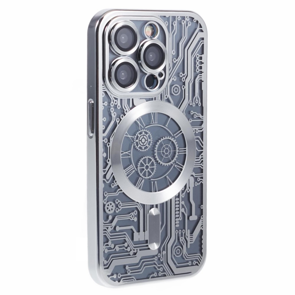 iPhone 15 Pro MagSafe Gummi Case Hülle Galvanisierter Rahmen im Mechanischen Zahnrad Design   Kameraglasschutz - Silber
