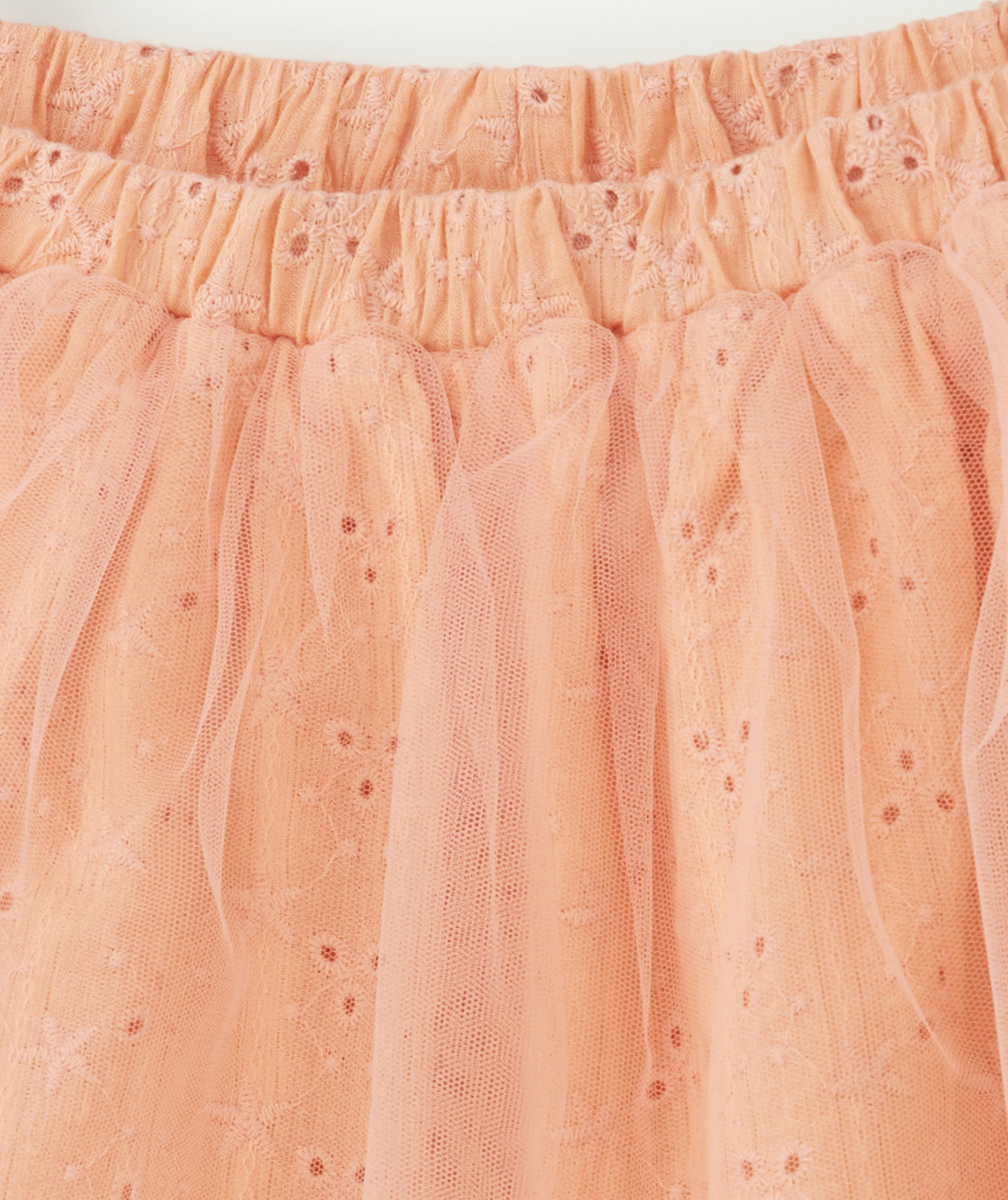 JUPE BÉBÉ FILLE ROSE AVEC BRODERIES ET TULLE