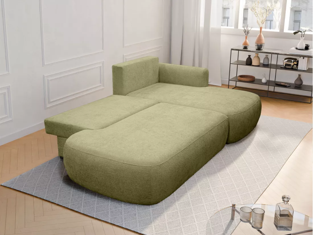 Canapé d'angle droit convertible en tissu texturé vert kaki BROCARO de Maison Céphy