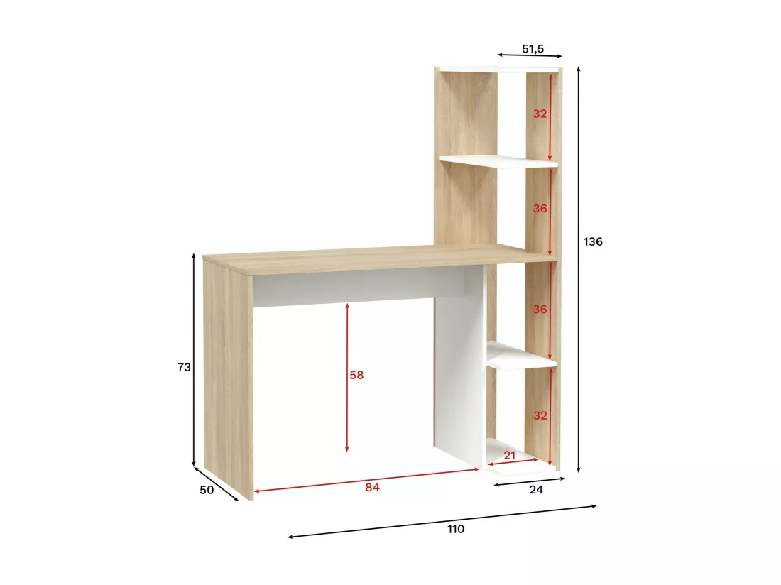 Dlup Desk, Bureau linéaire avec bibliothèque, Table de bureau polyvalente peu encombrante, 110x52h136 cm, Blanc et Chêne