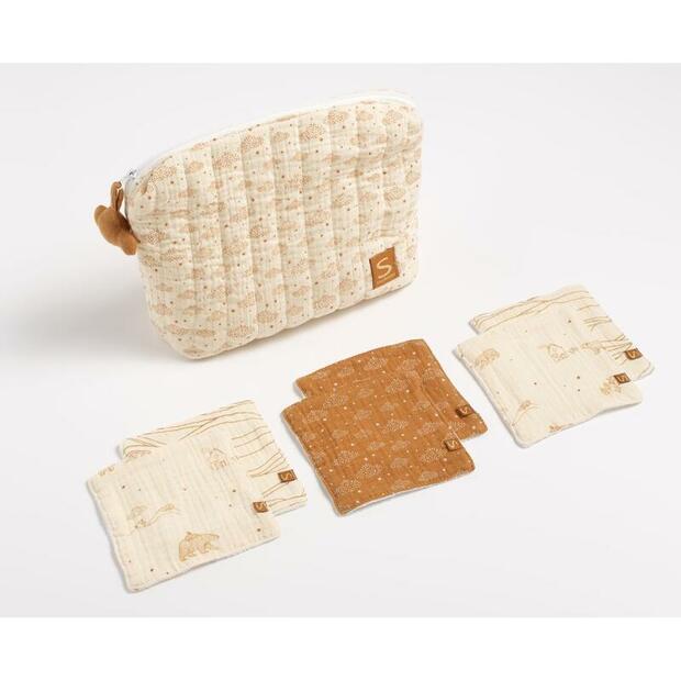 Trousse de toilette + 6 carrés éponges Orsino - Beige - SAUTHON Baby déco