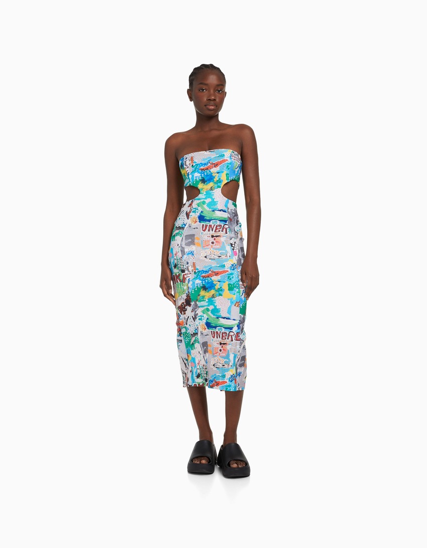 Vestido midi sem alças com estampa Jean-Michel Basquiat