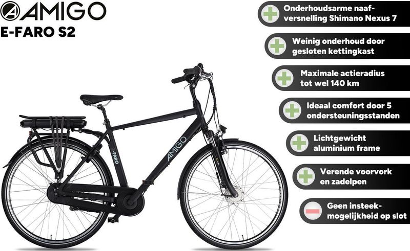 AMIGO - E-Faro S2 - Elektrische Fiets - Matzwart - 28 Inch - 7 Versnellingen - 536 Wh Accu