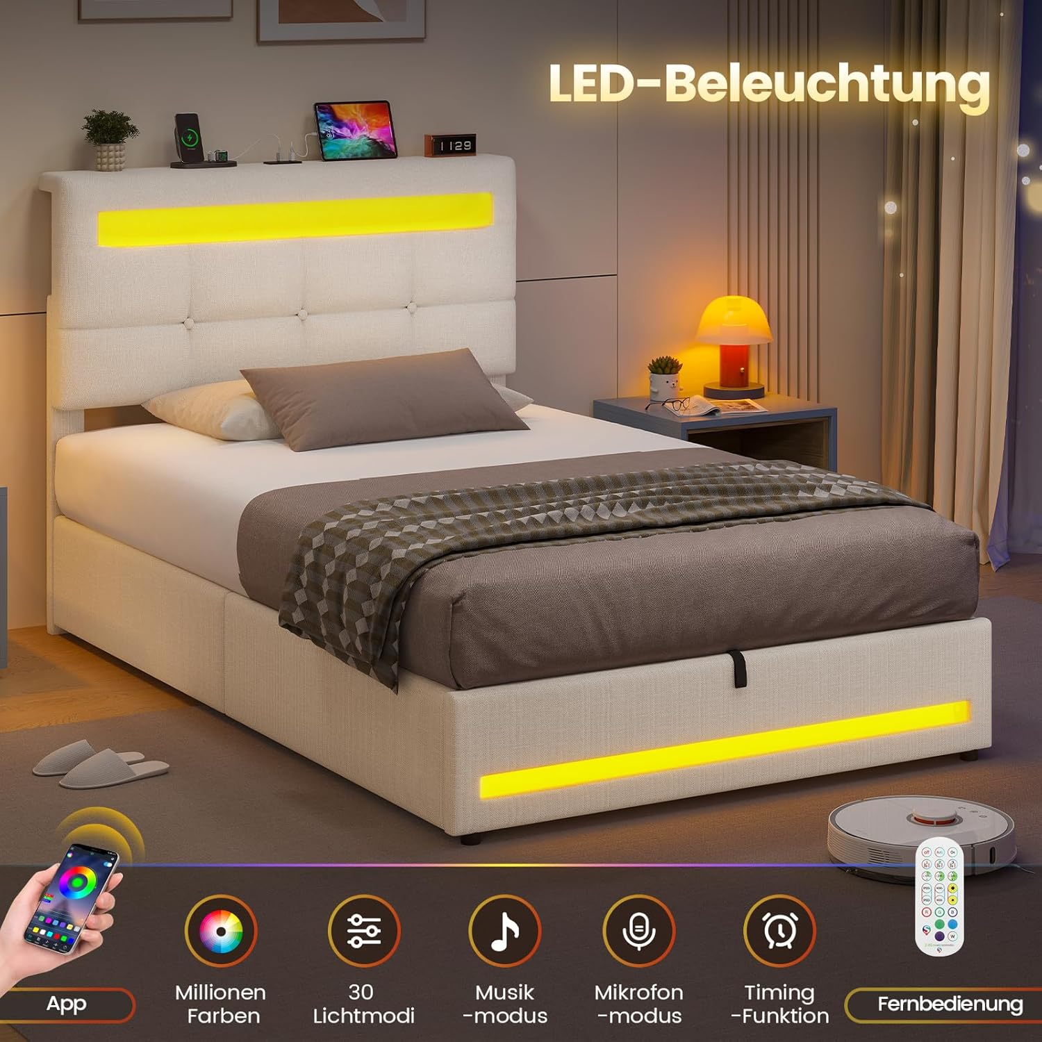 AOGLLATI Hydraulisch Stauraumbett 90×200cm, Polsterbett Doppelbett mit LED und USB-Ladefunktion, Funktionsbett Jugendbett mit Stauraum und Lattenrost, Linen,Ohne Matratze, Beige