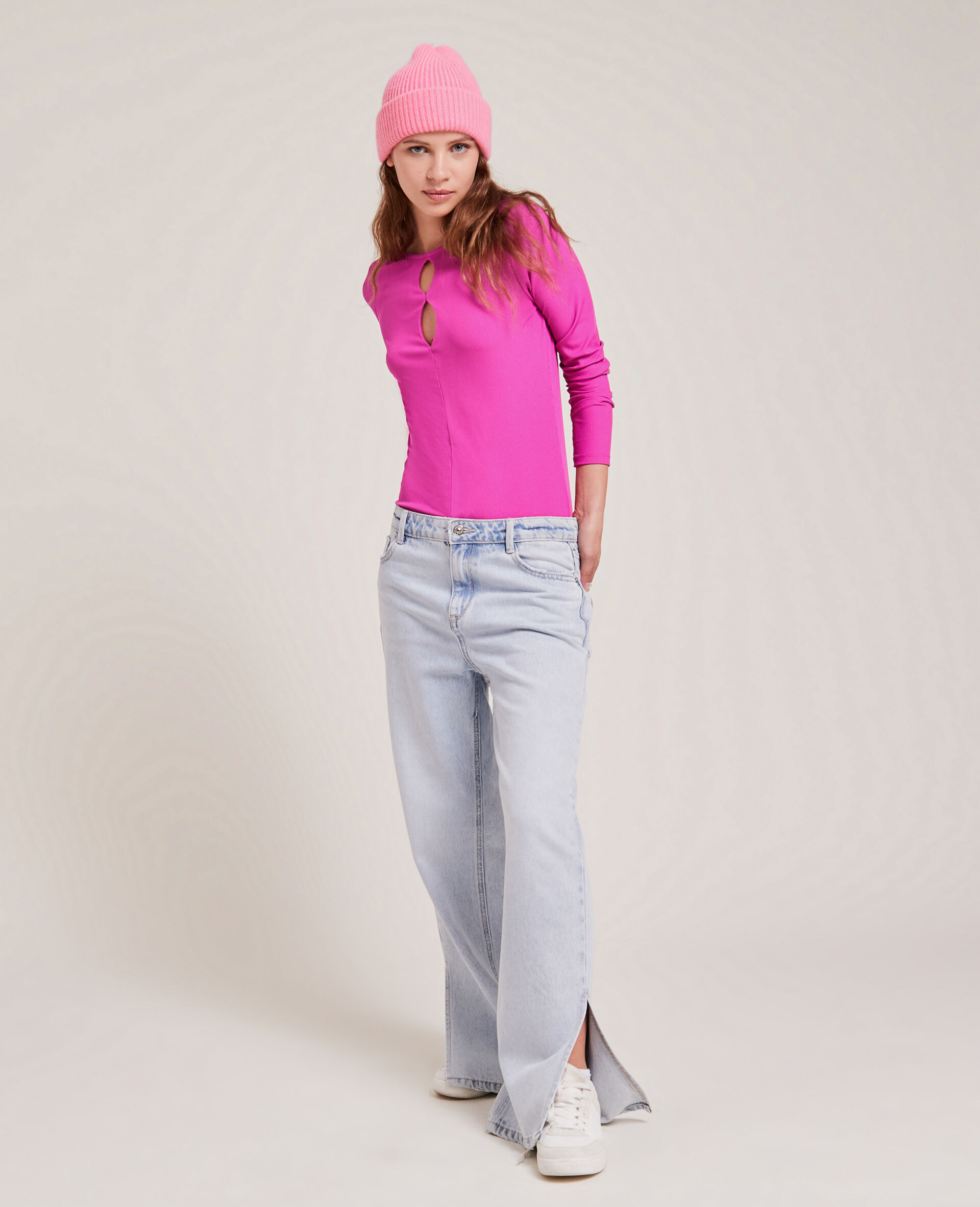Top maille côtelée avec découpes - Rose fuchsia