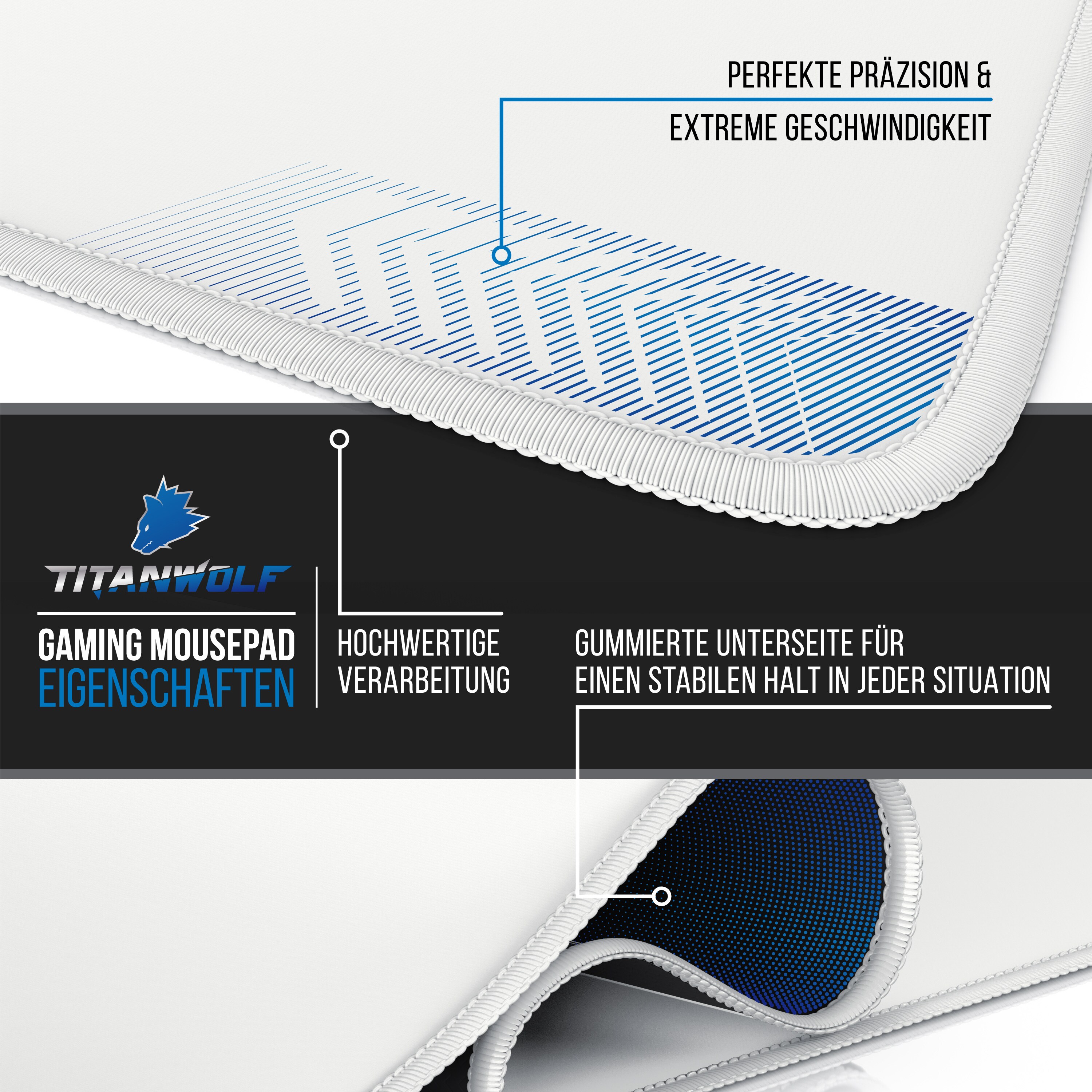 Titanwolf Gaming Mauspad XXL, glattes Stoffgewebe, Speed Mousepad 900 x 400mm große Fläche, weiß