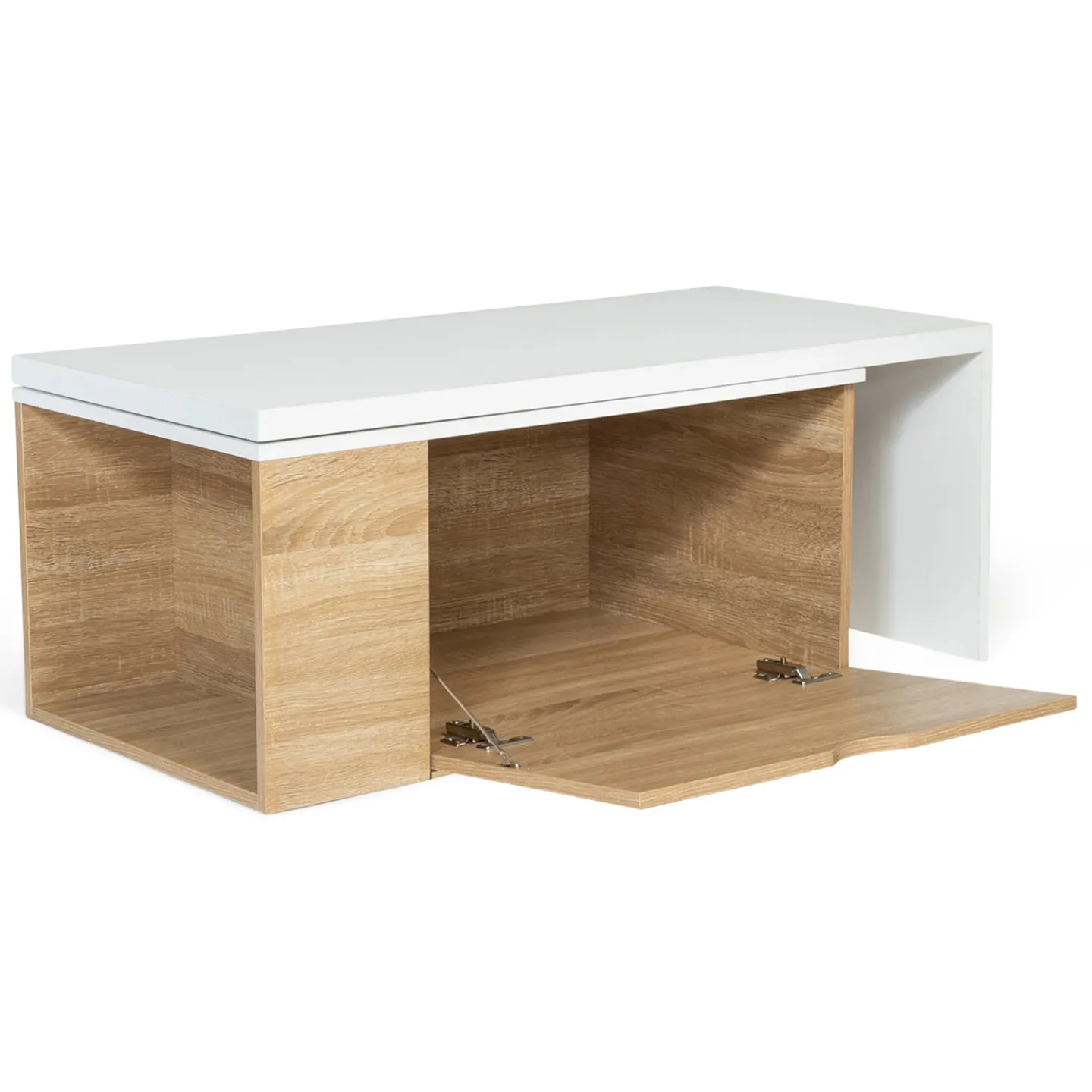 Table basse rotative bois et blanc 360° LIZZI extensible avec coffre