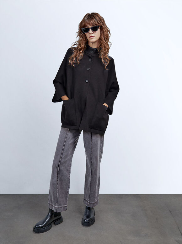 Poncho de gola alta em tricô - Preto