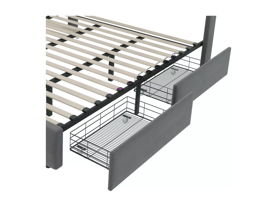Lit double rembourré 160x200 cm Lit adulte avec lit gigogne éclairage LED 2 tiroirs ports USB et sommier à lattes - gris