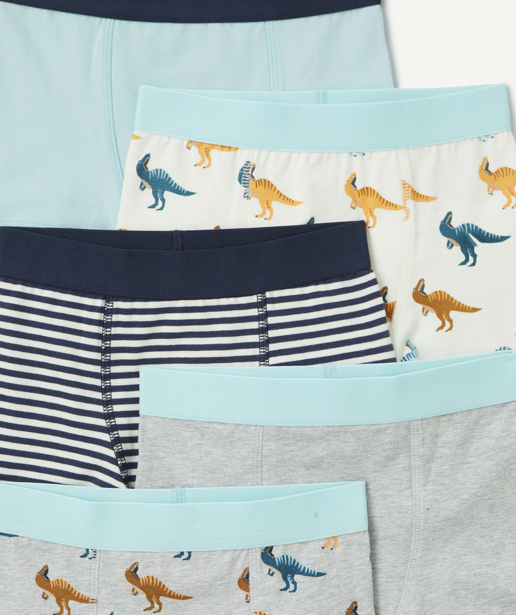 LOT DE 5 BOXERS GARÇON EN COTON BIO GRIS ET BLEU THÈME DINOSAURES