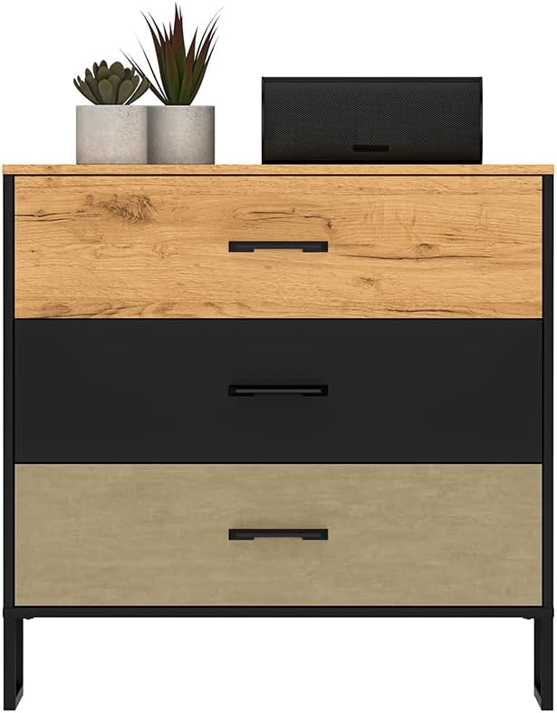 Lomadox Jugendzimmer Set 2-teilig mit Schreibtisch, Highboard, Kommode in Eiche schwarz Sandfarben modern