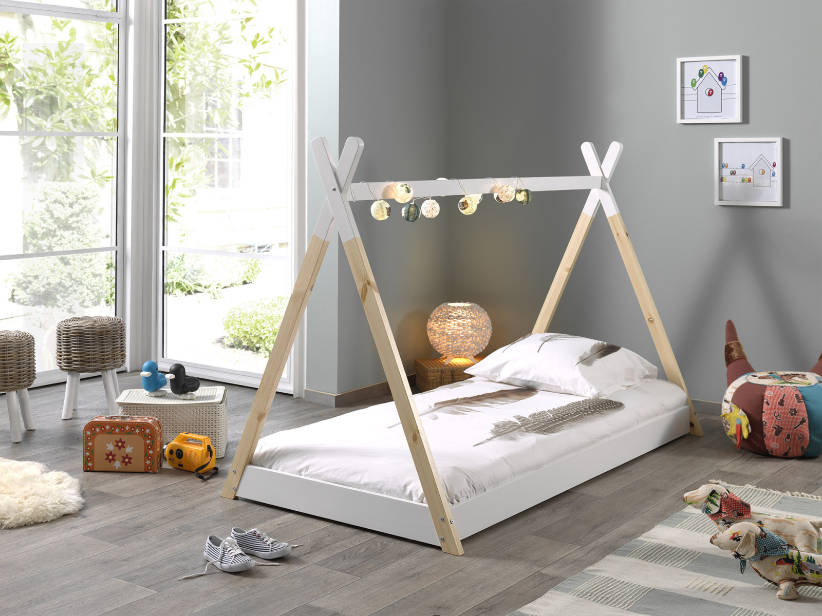 Tipi-Zelt Bett - weiß-natur - Kiefer massiv - 90x200 cm
