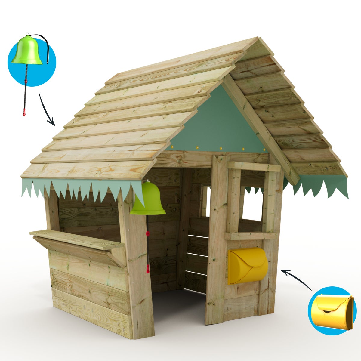 WICKEY Kinder Speelhuis Saloon met Front - Houten Dak en Ramen - Pastelgroen