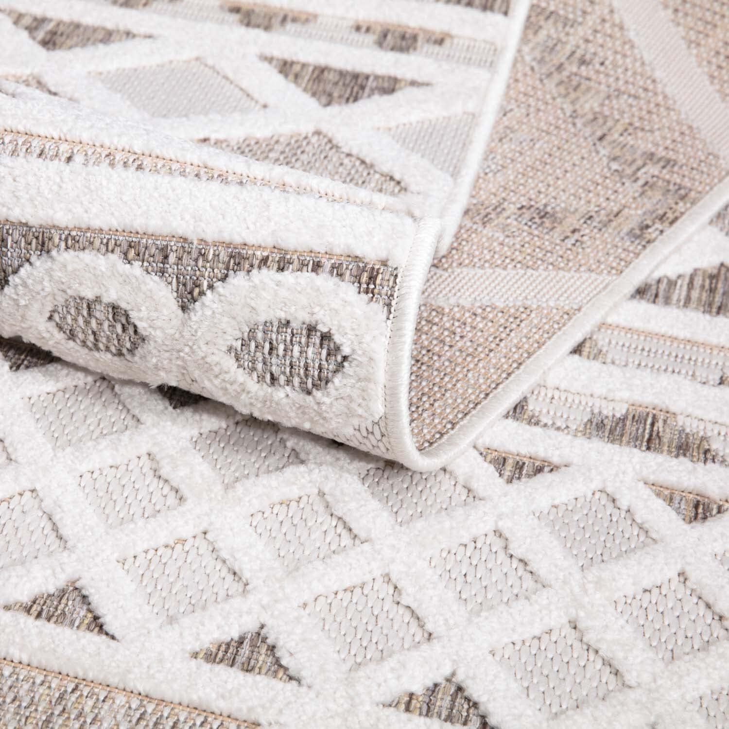 carpet city In-& Outdoor Teppich - 240x340 cm - für Innen-& Außenbereich - Wetterfest Balkon-Teppich, Terrasse, Flur, Küche - Wohnzimmer-Teppiche - Hochtief/ 3D-Effekt - Ethno-Look in Creme
