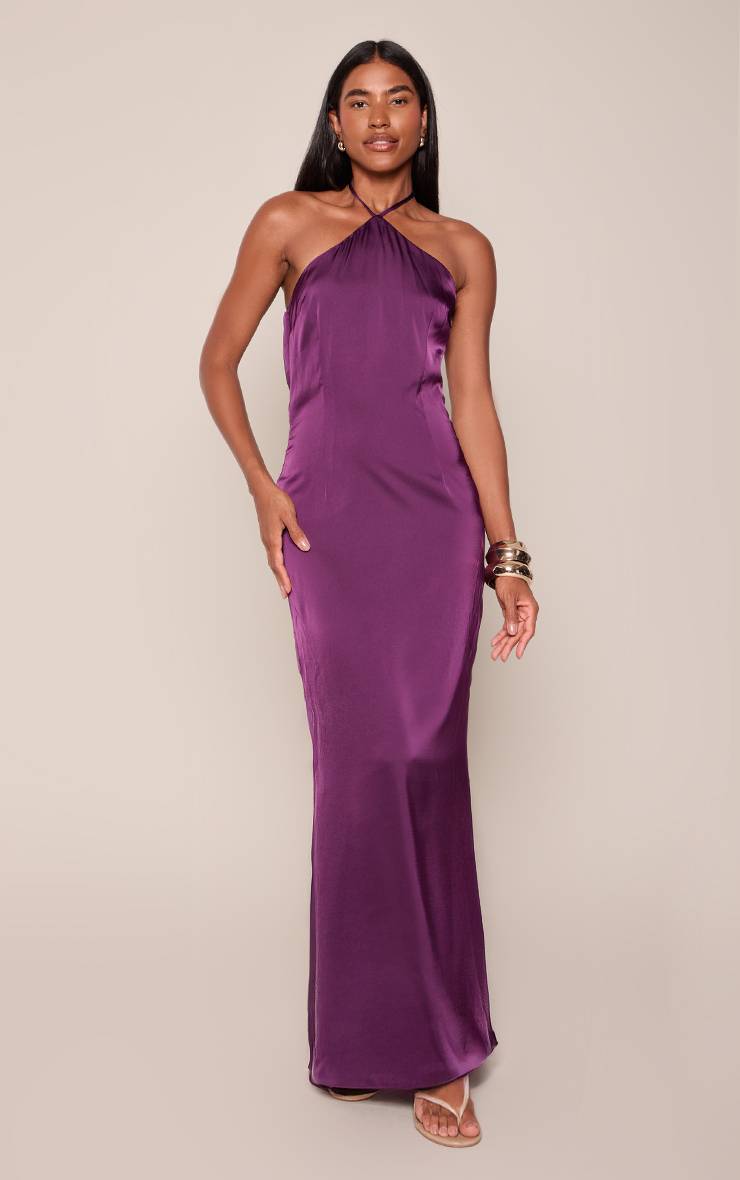 Deep Purple Robe Longue Satinée Dos Nu Drapé Avec Détails En Dentelle