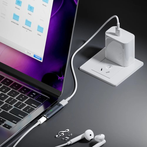 2 in 1 USB C auf USB C und 3.5mm Klinke Adapter mit Kopfhörer und Ladeanschluss PD (100W) - Grau