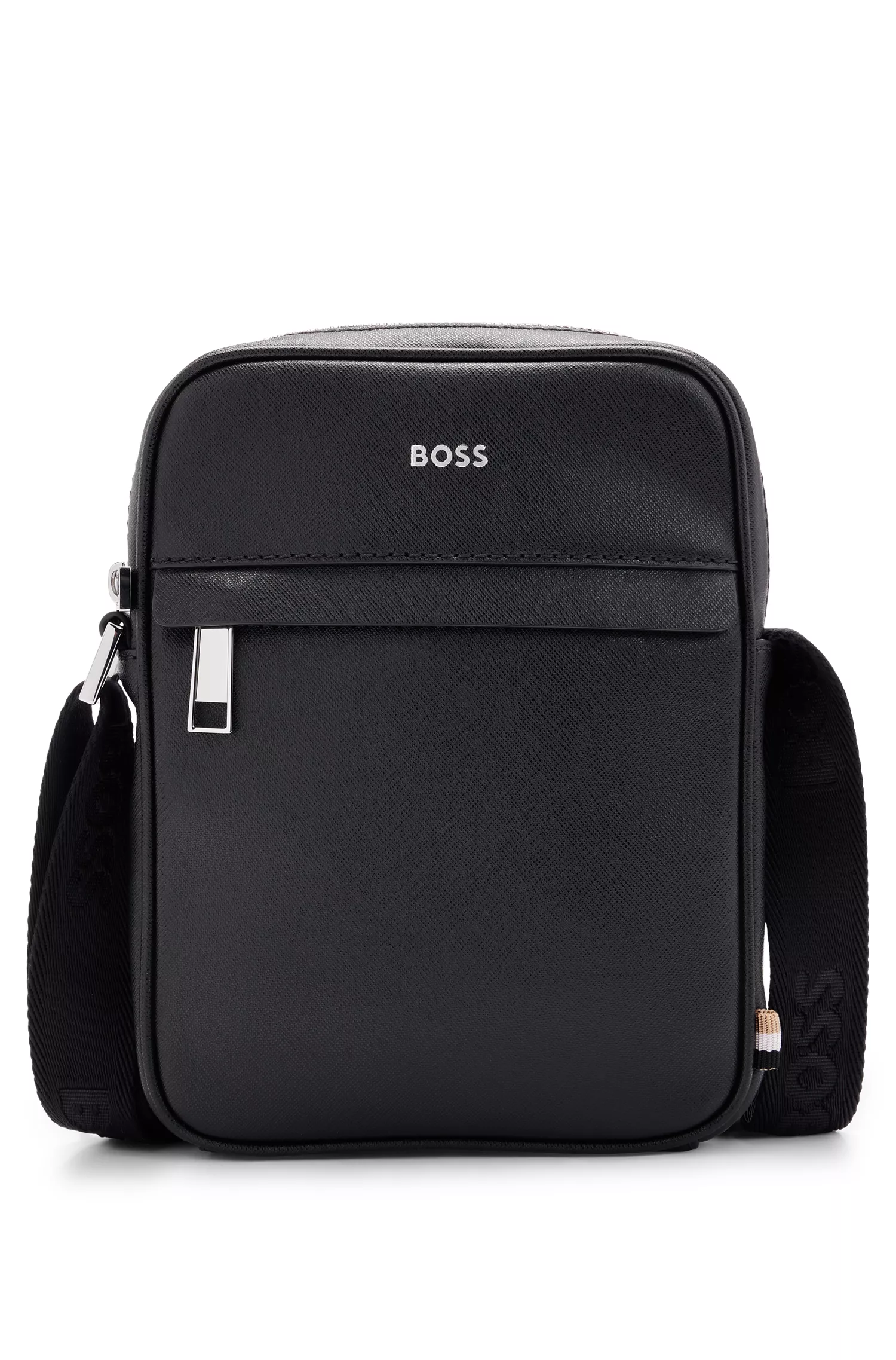 Bolsa BOSS Black-Reporter com listra característica e detalhe do logotipo.
