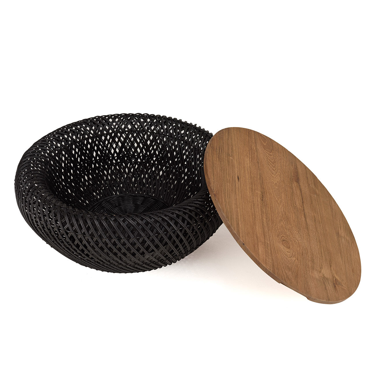 Macabane Table basse ronde en rotin noir plateau amovible Sixtine bois/noir - D.65x32 cm