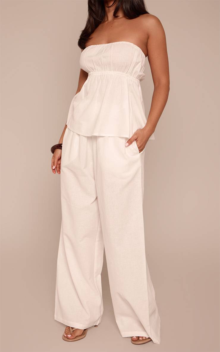 Blanc Pantalon Large Fluide Effet Lin Petite Taille - Ensemble Coordonné