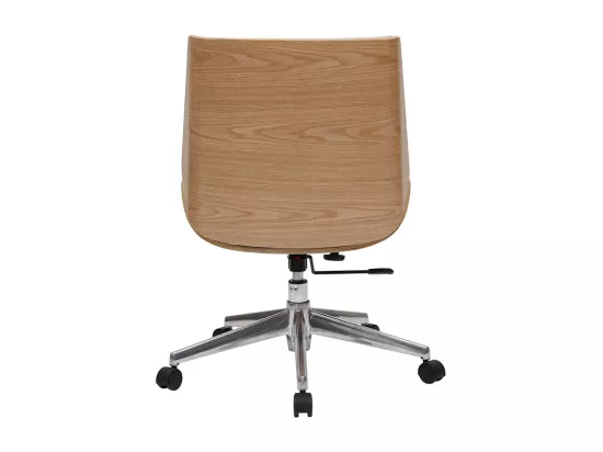 Chaise de bureau à roulettes design blanc, bois clair et acier chromé CURVED