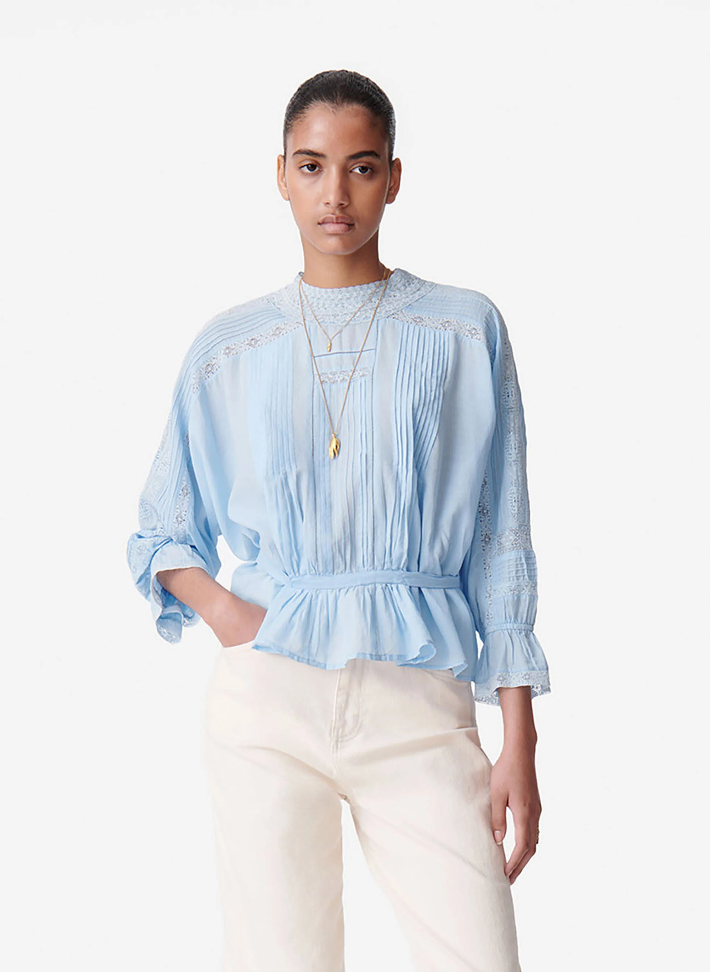 VIVA - Blouse col rond en dentelle et coton mélangé| Bleu