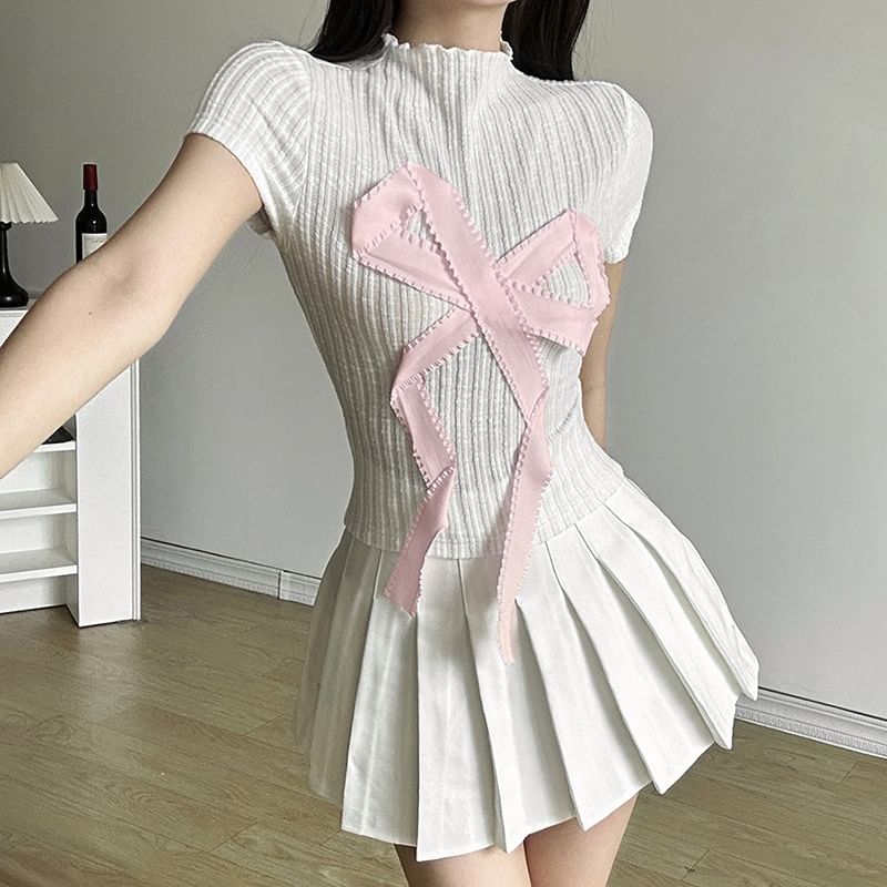 Sugarcoat - T-shirt met korte mouwen en geribbelde hals en strikapplicatie