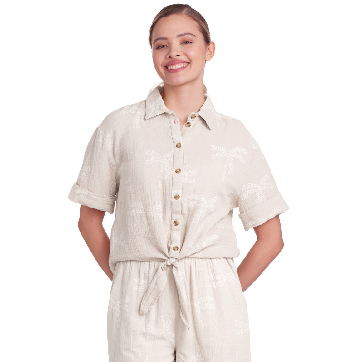 Gina Damen Musselin-Bluse mit Allover-Muster beige