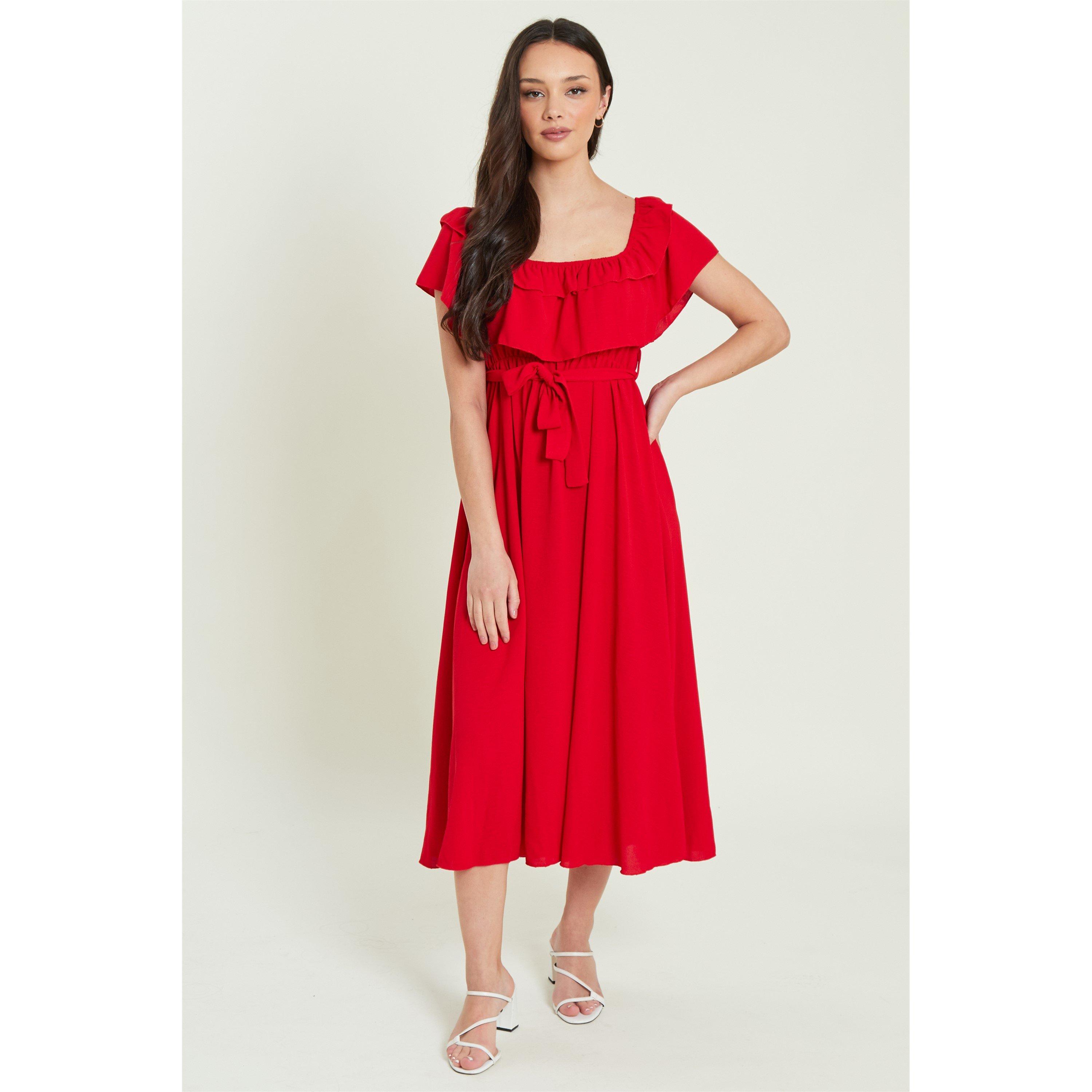 Be You Frill Frill Bardot Belted Midaxi Dress